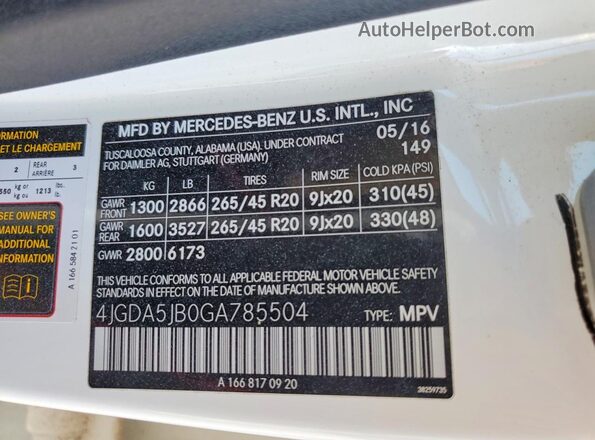 4JGDA5JB0GA785504 2016 MERCEDES-BENZ GLE White VIN կոդի պիտակի տեսք