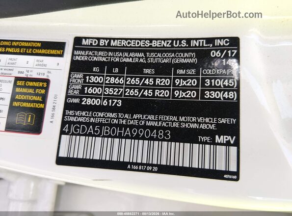 4JGDA5JB0HA990483 2017 MERCEDES-BENZ GLE 350 White Շարժիչի բաժամունքի տեսք