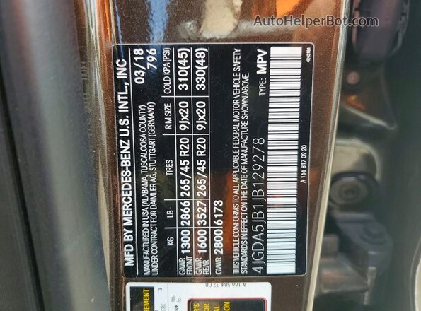 4JGDA5JB1JB129278 2018 MERCEDES-BENZ GLE Brown VIN კოდის სტიკერის ხედი