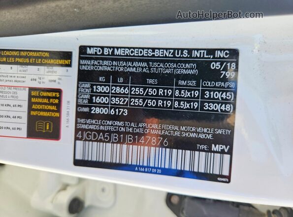 4JGDA5JB1JB147876 2018 MERCEDES-BENZ GLE White Widok naklejki z numerem VIN