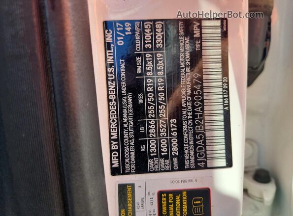 4JGDA5JB2HA905479 2017 MERCEDES-BENZ GLE White Widok naklejki z numerem VIN