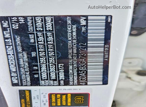 4JGDA5JB3GA731212 2016 MERCEDES-BENZ GLE White VIN կոդի պիտակի տեսք