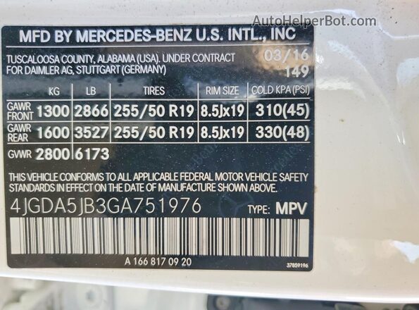 4JGDA5JB3GA751976 2016 MERCEDES-BENZ GLE White Widok naklejki z numerem VIN