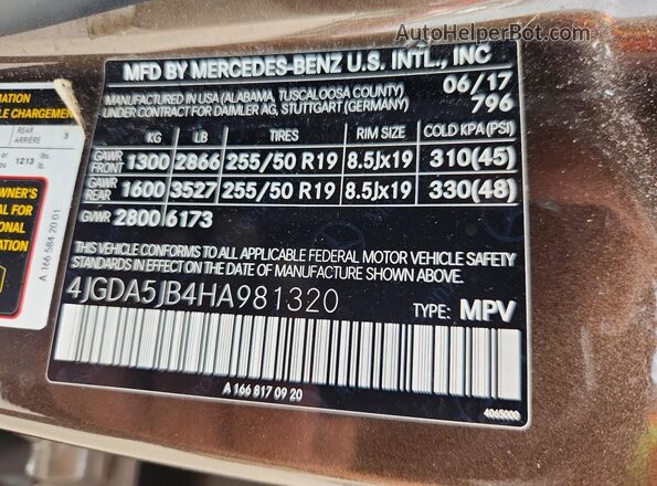 4JGDA5JB4HA981320 2017 MERCEDES-BENZ GLE Brown Vista de la etiqueta del VIN