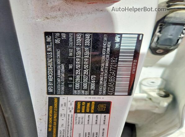 4JGDA5JB5GA772182 2016 MERCEDES-BENZ GLE White VIN კოდის სტიკერის ხედი