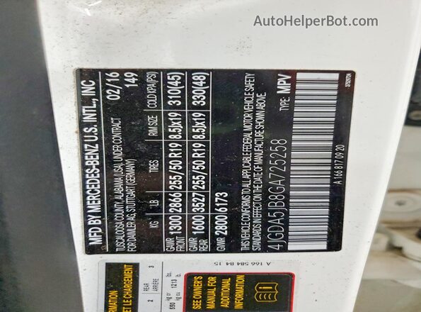 4JGDA5JB8GA725258 2016 MERCEDES-BENZ GLE White VIN կոդի պիտակի տեսք