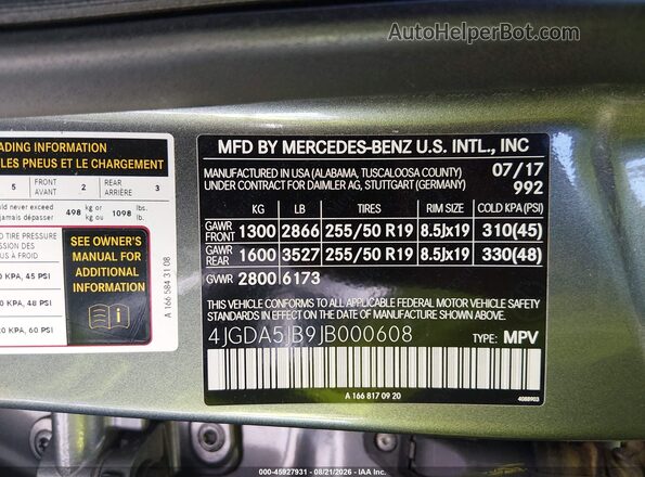 4JGDA5JB9JB000608 2018 MERCEDES-BENZ GLE 350 Gray Widok komory silnika