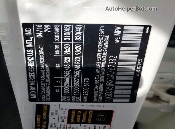 4JGDA5JBXGA767382 2016 MERCEDES-BENZ GLE White Widok komory silnika