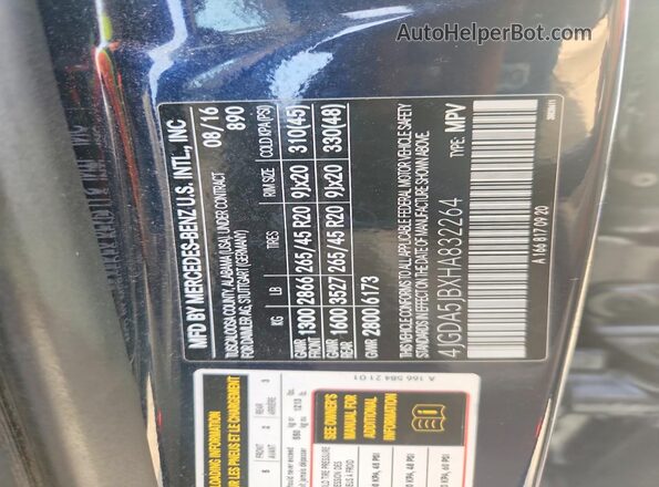 4JGDA5JBXHA832264 2017 MERCEDES-BENZ GLE Blue Widok naklejki z numerem VIN