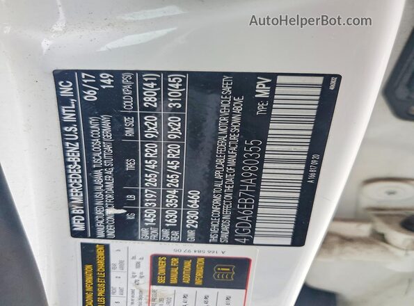 4JGDA6EB7HA980355 2017 MERCEDES-BENZ GLE White VIN sticker view