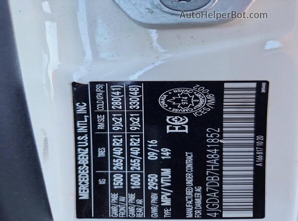 4JGDA7DB7HA841852 2017 MERCEDES-BENZ GLE White Widok komory silnika