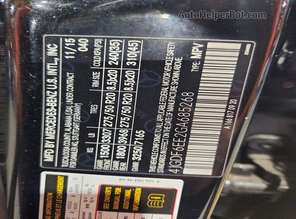 4JGDF6EE2GA685268 2016 MERCEDES-BENZ GL-CLASS Черный Вид наклейки с VIN-кодом