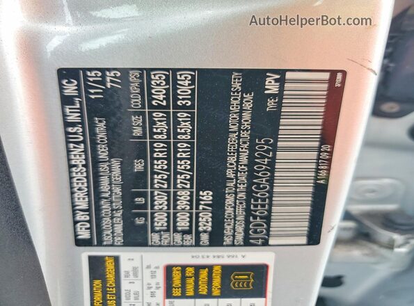4JGDF6EE6GA694295 2016 MERCEDES-BENZ GL-CLASS Silver 360 interior view