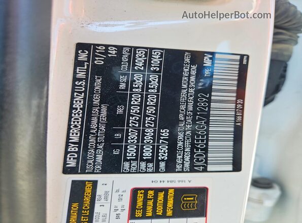 4JGDF6EE6GA712892 2016 MERCEDES-BENZ GL-CLASS White Вид наклейки з VIN-кодом