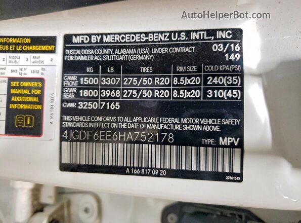 4JGDF6EE6HA752178 2017 MERCEDES-BENZ GLS White VIN კოდის სტიკერის ხედი