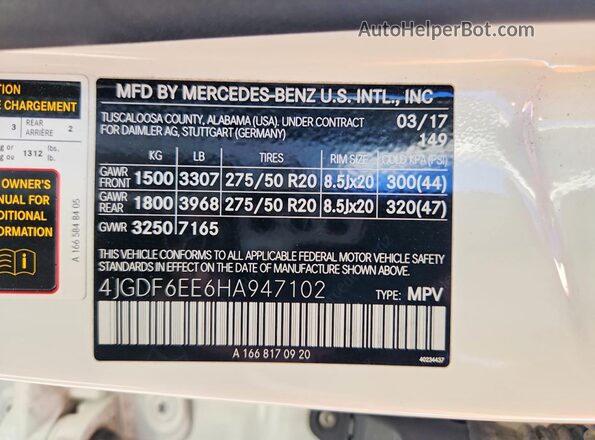 4JGDF6EE6HA947102 2017 MERCEDES-BENZ GLS White Вид наклейки з VIN-кодом