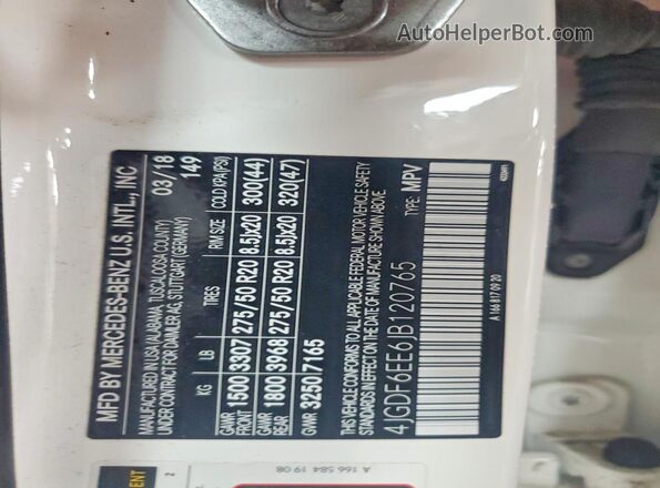 4JGDF6EE6JB120765 2018 MERCEDES-BENZ GLS White Widok naklejki z numerem VIN