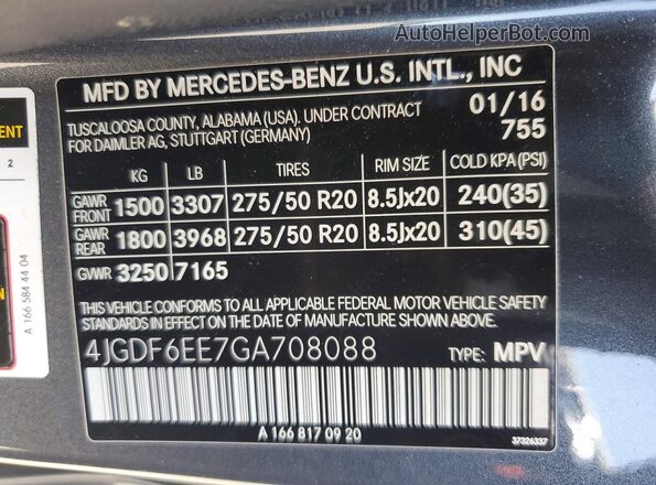 4JGDF6EE7GA708088 2016 MERCEDES-BENZ GL-CLASS Charcoal VIN კოდის სტიკერის ხედი
