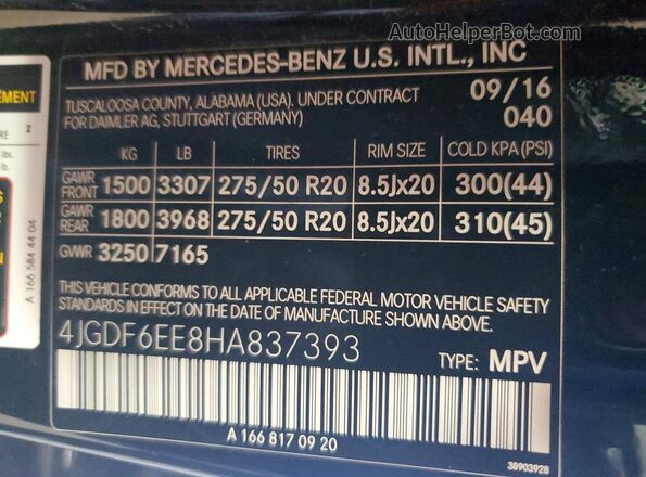 4JGDF6EE8HA837393 2017 MERCEDES-BENZ GLS Black Widok naklejki z numerem VIN