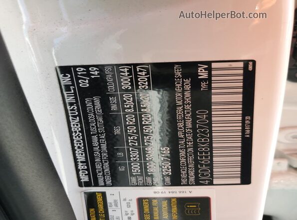 4JGDF6EE8KB237040 2019 MERCEDES-BENZ GLS White Widok naklejki z numerem VIN