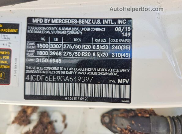 4JGDF6EE9GA649397 2016 MERCEDES-BENZ GL-CLASS White Вид наклейки з VIN-кодом