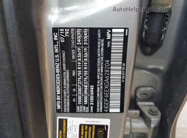 4JGDF6EEXGA628204 2016 MERCEDES-BENZ GL-CLASS Gray VIN sticker view