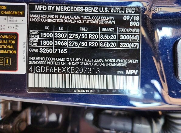 4JGDF6EEXKB207313 2019 MERCEDES-BENZ GLS Blue Widok naklejki z numerem VIN