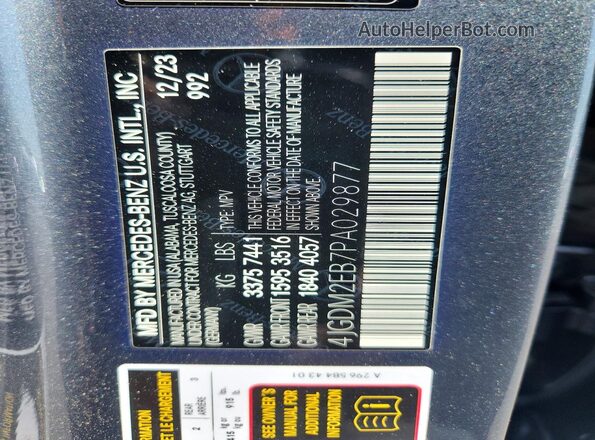 4JGDM2EB7PA029877 2023 MERCEDES-BENZ EQS Серебряный Вид наклейки с VIN-кодом