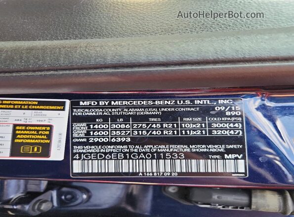 4JGED6EB1GA011533 2016 MERCEDES-BENZ GLE Blue Vista de la etiqueta del VIN