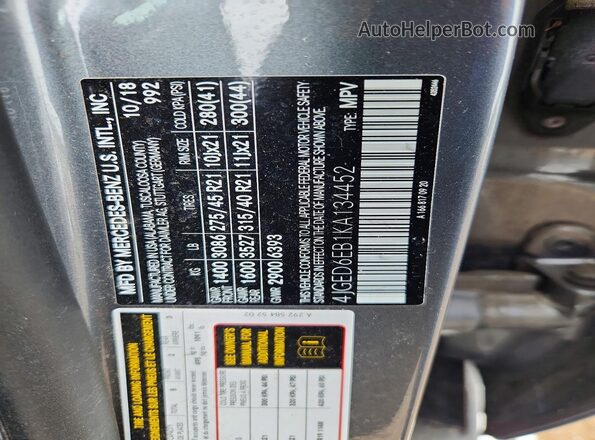 4JGED6EB1KA134452 2019 MERCEDES-BENZ GLE Gray Widok naklejki z numerem VIN