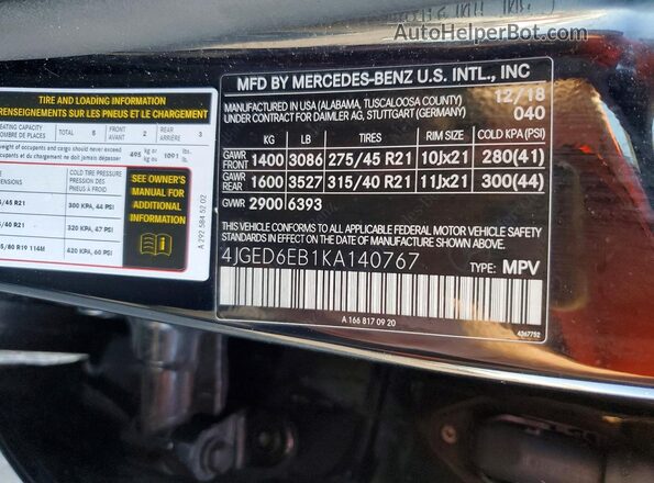 4JGED6EB1KA140767 2019 MERCEDES-BENZ GLE Black VIN sticker view
