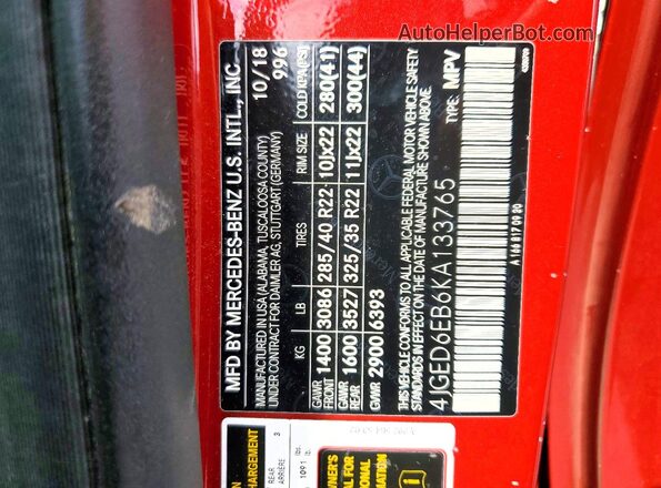 4JGED6EB6KA133765 2019 MERCEDES-BENZ GLE Red Widok naklejki z numerem VIN