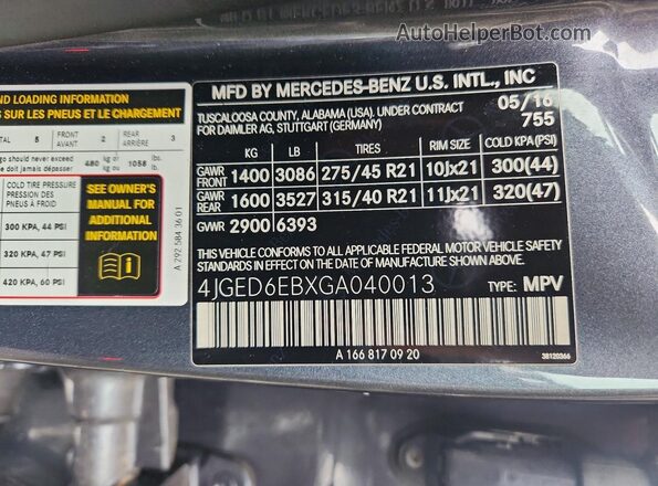 4JGED6EBXGA040013 2016 MERCEDES-BENZ GLE Gray Вид наклейки з VIN-кодом