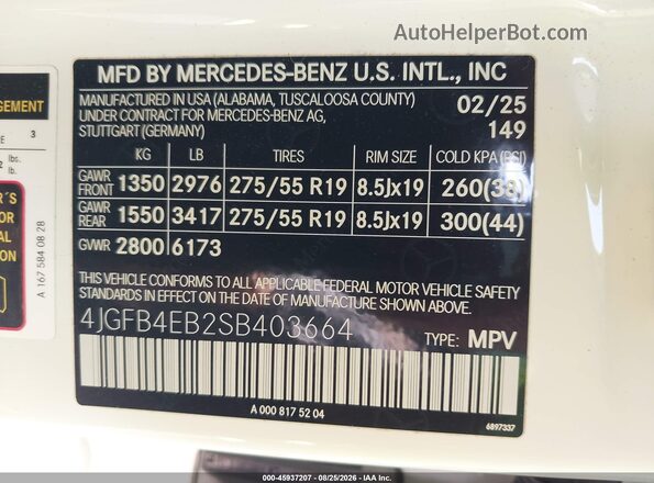 4JGFB4EB2SB403664 2025 MERCEDES-BENZ GLE 350 White Widok komory silnika