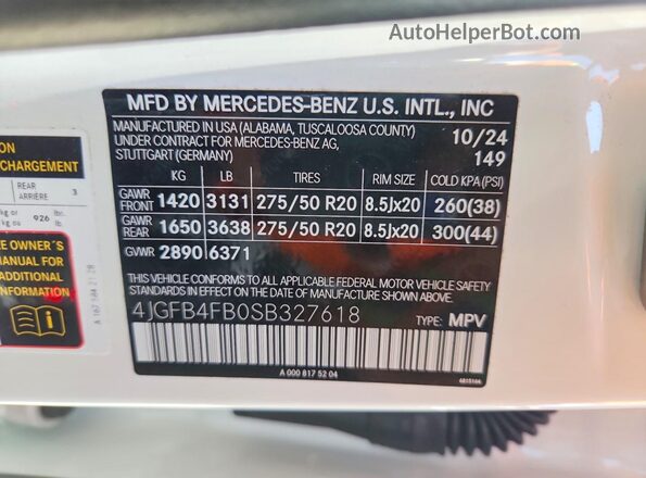 4JGFB4FB0SB327618 2025 MERCEDES-BENZ GLE White Widok naklejki z numerem VIN