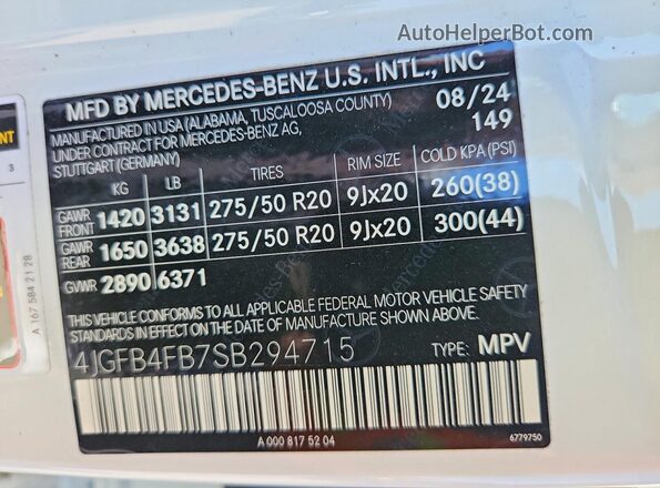 4JGFB4FB7SB294715 2025 MERCEDES-BENZ GLE White Widok naklejki z numerem VIN