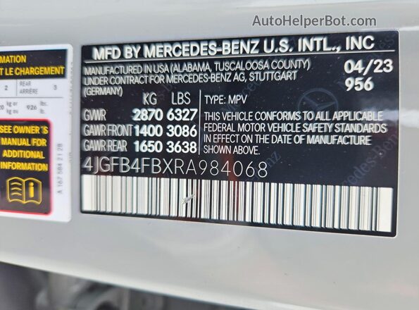 4JGFB4FBXRA984068 2024 MERCEDES-BENZ GLE Gray VIN կոդի պիտակի տեսք
