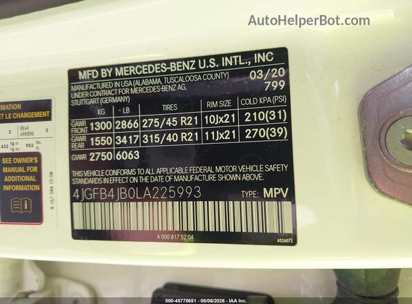 4JGFB4JB0LA225993 2020 MERCEDES-BENZ GLE 350 White Engine compartment view