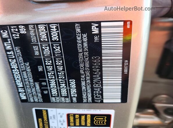 4JGFB4JB2NA649663 2022 MERCEDES-BENZ GLE Gold Vista de la etiqueta del VIN