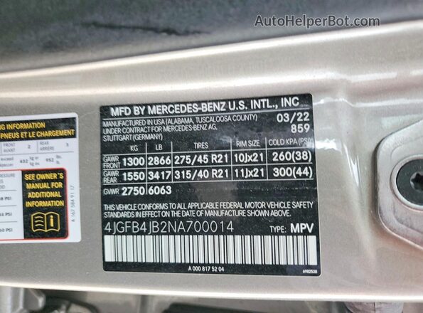 4JGFB4JB2NA700014 2022 MERCEDES-BENZ GLE Tan VIN կոդի պիտակի տեսք