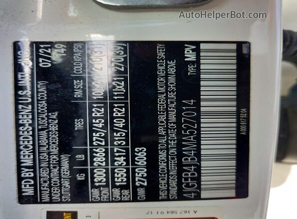 4JGFB4JB4MA527014 2021 MERCEDES-BENZ GLE White Widok naklejki z numerem VIN