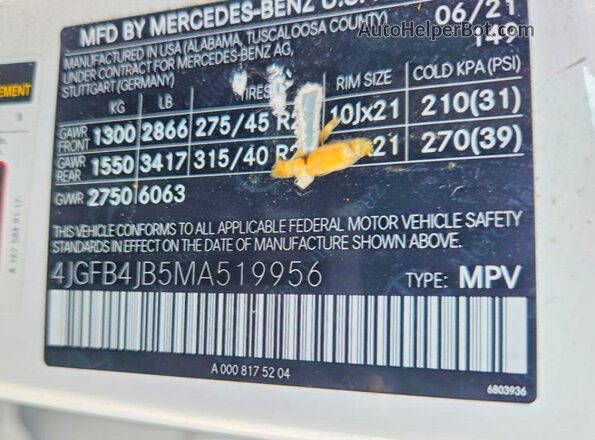 4JGFB4JB5MA519956 2021 MERCEDES-BENZ GLE White Vista de la etiqueta del VIN