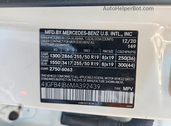 4JGFB4JB6MA392439 2021 MERCEDES-BENZ GLE White Vista de la etiqueta del VIN