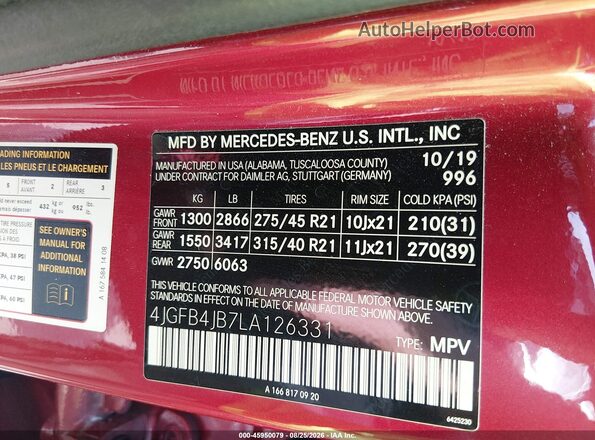 4JGFB4JB7LA126331 2020 MERCEDES-BENZ GLE 350 Red Շարժիչի բաժամունքի տեսք