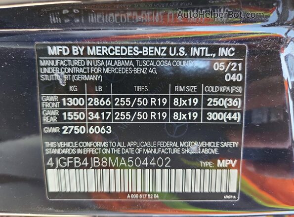 4JGFB4JB8MA504402 2021 MERCEDES-BENZ GLE Black Vista de la etiqueta del VIN