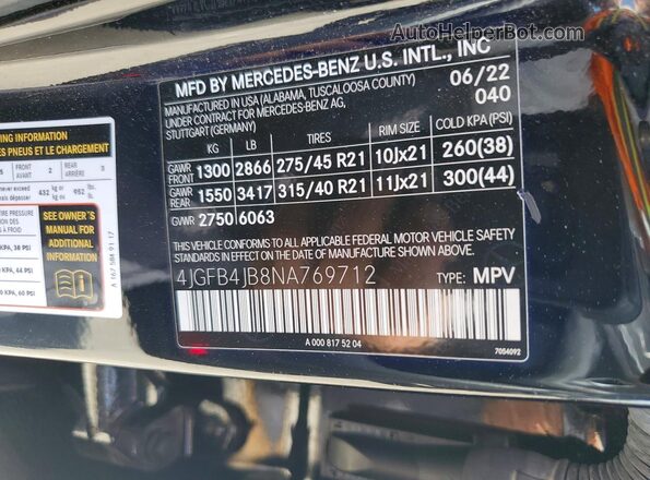 4JGFB4JB8NA769712 2022 MERCEDES-BENZ GLE Black Вид наклейки з VIN-кодом