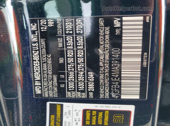 4JGFB4JE4MA391400 2021 MERCEDES-BENZ GLE Green Widok naklejki z numerem VIN