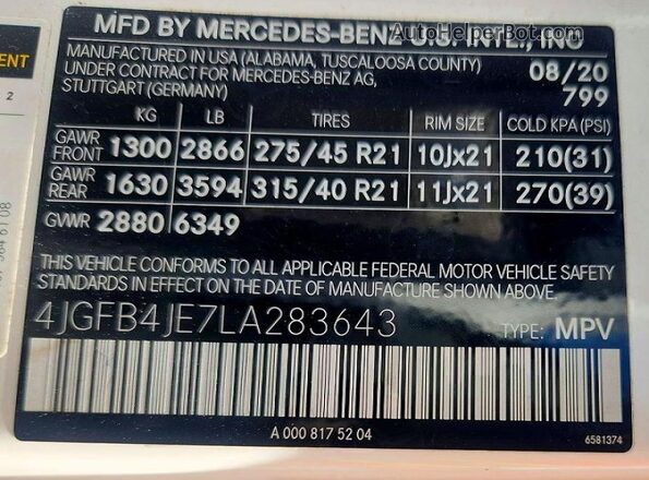 4JGFB4JE7LA283643 2020 MERCEDES-BENZ GLE White VIN կոդի պիտակի տեսք
