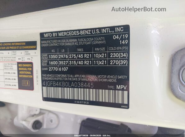 4JGFB4KB0LA038445 2020 MERCEDES-BENZ GLE 350 White Вид підкапотного простору