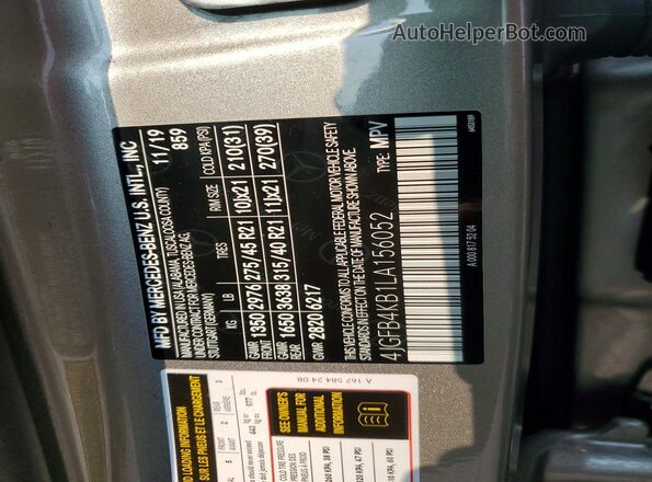 4JGFB4KB1LA156052 2020 MERCEDES-BENZ GLE Серебряный Вид наклейки с VIN-кодом